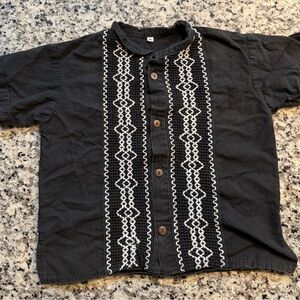 Black Embroidered Button-Down Kids Shirt with Wooden Buttons